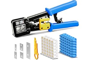 Hiija RJ45 Crimp Tool Pass Through Cat5 Cat5e Cat6 Crimping Tool for RJ45/RJ12 Regular and End-Pass-Through Connectors with 50PCS CAT5 CAT5e Connectors, 50PCS Covers and Mini Wire Stripper