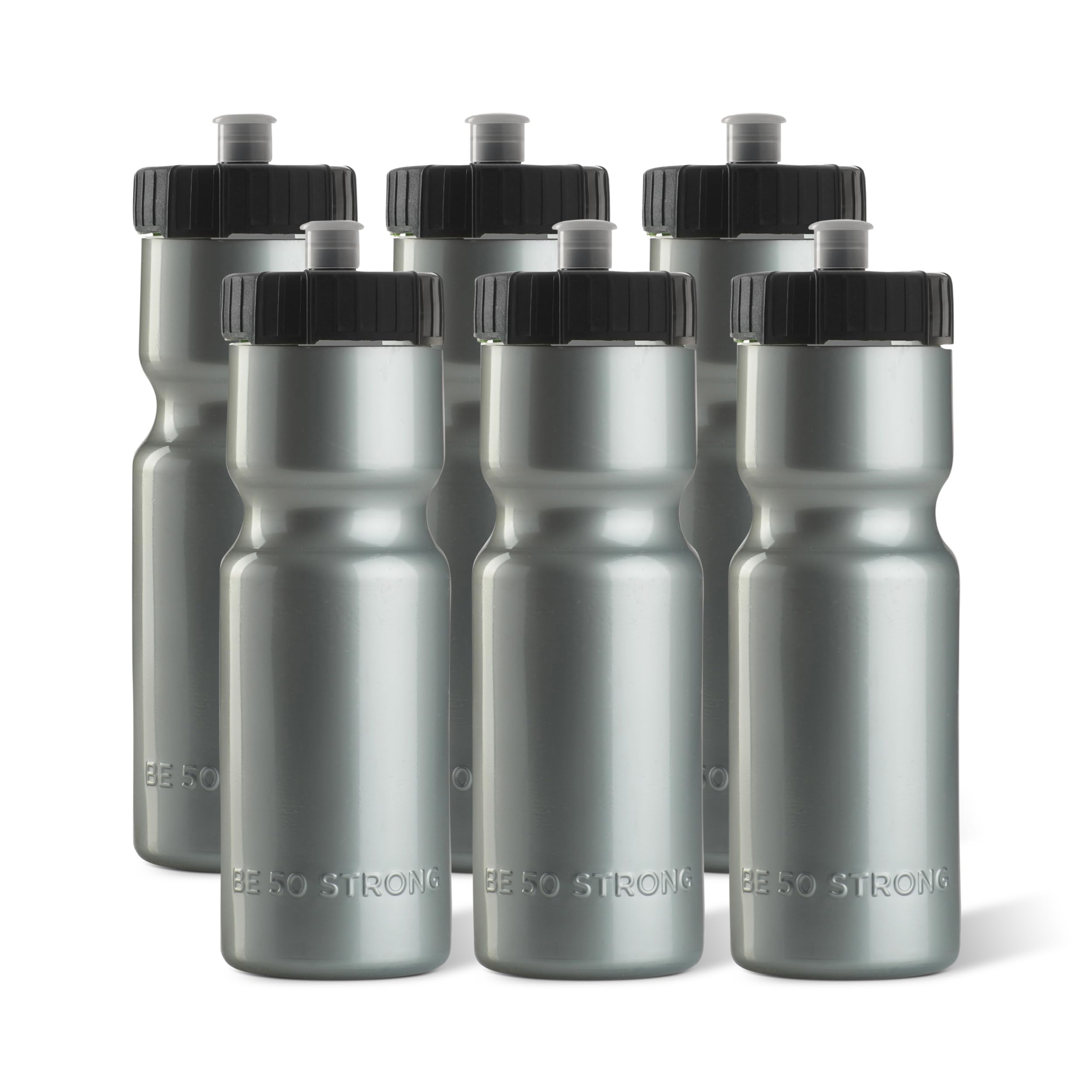 50 Strong 6 Pack Soft Sports Water Bottle - 650ml BPA Free - Easy Open Push/Pull Cap - Multiple Colors Available (Silver/Black)