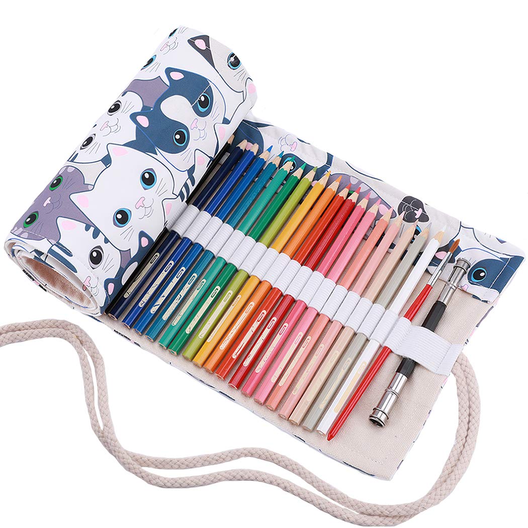 Amoyie Roll Up Pencil Case for 72 Coloured Pencils, Colouring Pens Organiser Bag, Artist Wrap, Canvas Holder, Cartoon Cat