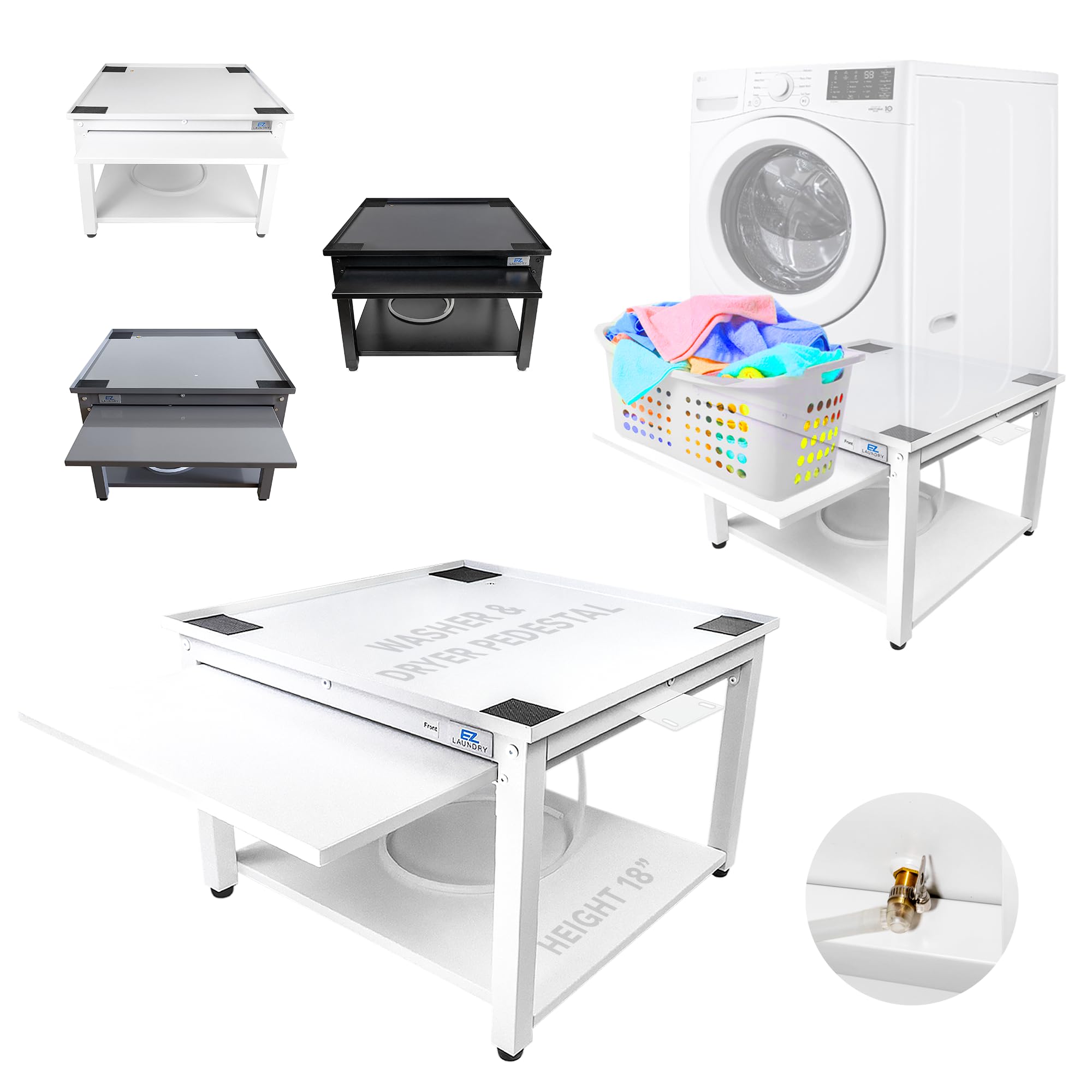 Photo 1 of Washer and Dryer Pedestals – White 27" Fit, 18" Tall Steel Stand for Back Relief with Pull-Out Shelf, Drain Pan & Hose, 800 lb Capacity, Easy Setup – Laundry Pedestal for Washer and Dryer