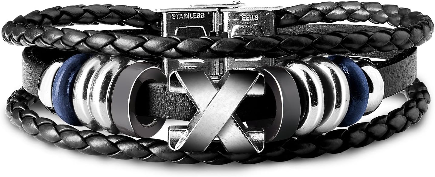 UHIBROS Stainless Steel Leather Bracelet, Men's Leather Rope Wrist Bracelet 8.3 Inch