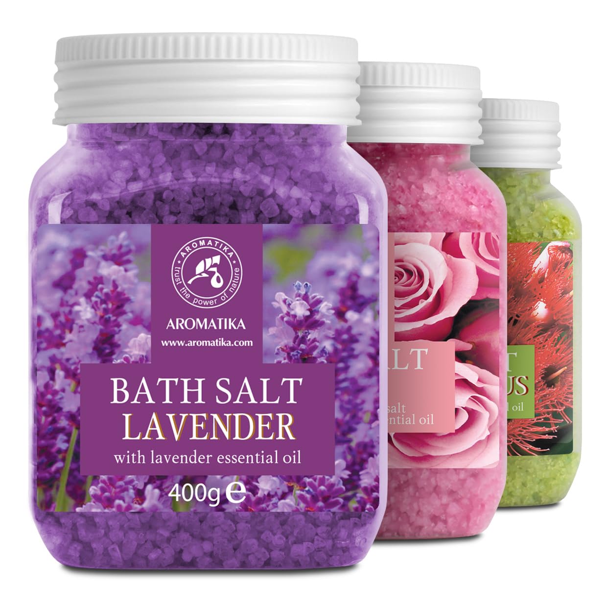 AROMATIKA Bath Salts Variety Set – 3 x 400 g Aromatherapy Bath Soak with Lavender, Rose & Eucalyptus for Good Sleep, Stress Relief & Relaxation, Body Care, Beauty, Wellness & Home Spa, Gift Idea