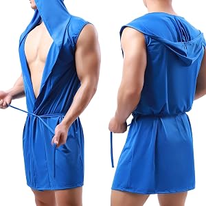 Men's Sleeveless Hoody Robe Lightweight Summer Short Bathrobe House Kimono Sexy Sleepwear Pajamas