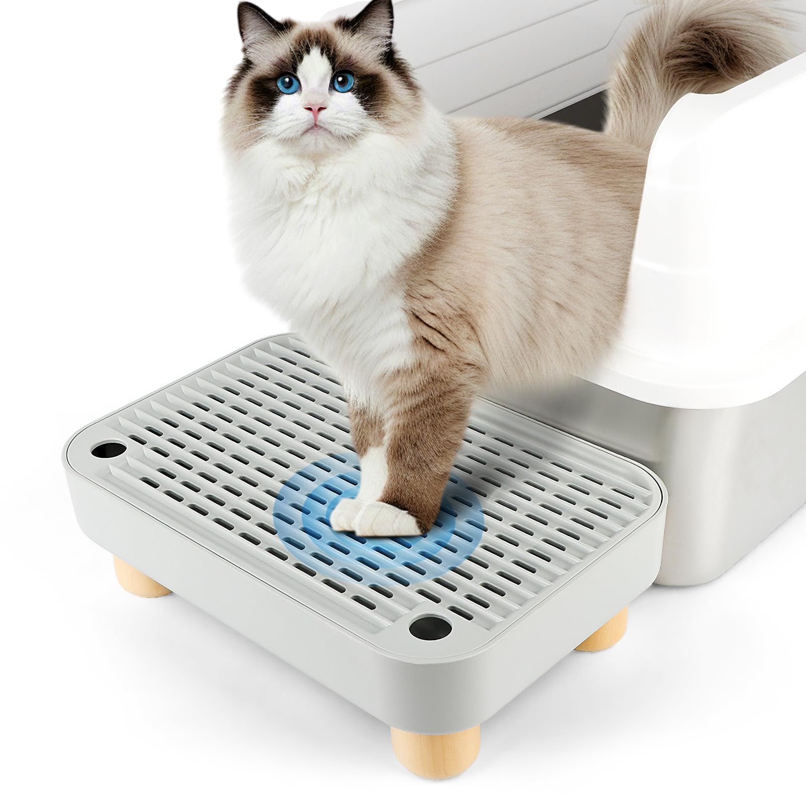 Photo 1 of ***MISSING PARTS***
Bartuke Litter Box Step, Cat Step/Ramp/Catcher with Wooden Base, Filter Function, Easy to Clean, Ideal for Kitten & Elderly Cats (Light Grey)
