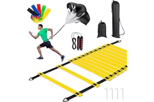 MIVERYEA Soccer Training Equipment Set, 20 Feet 12 Rungs Pro Speed & Agility Ladder, Resistance Parachute, Jump Rope, 5 Resistance Bands with Carrying Bag