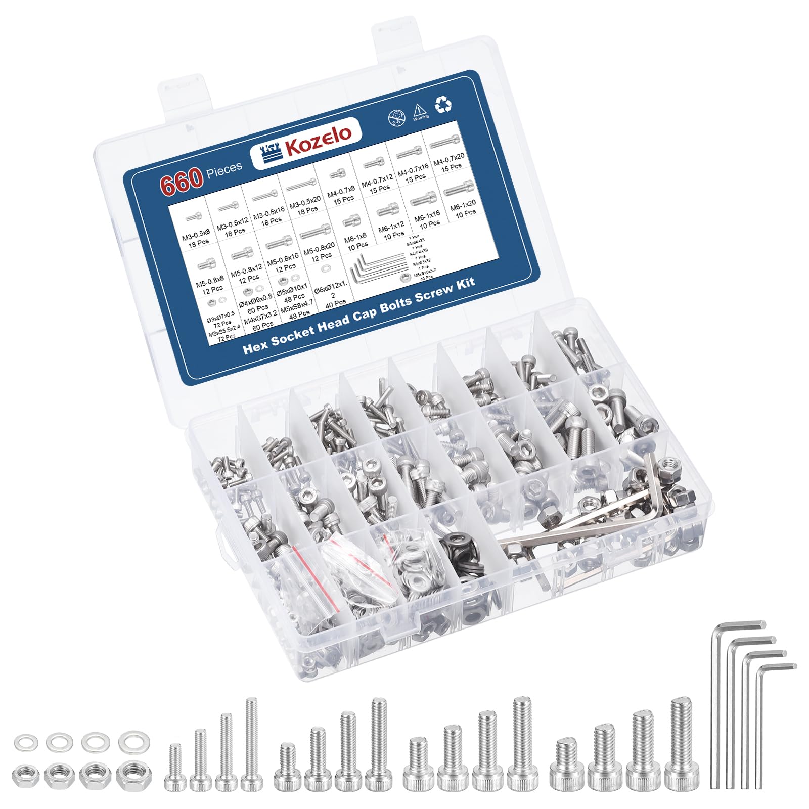 Kozelo 660pcs Socket Head Cap Screws Bolts Nuts Assortment Kit - [M3/M4/M5/M6] 304 Stainless Steel Allen Socket Drive for 3D Printer with Allen Wrench