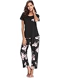 Aibrou Ladies Cotton Pyjamas Set, Short Sleeve Top T-Shirt & Cropped Pants Bottom, Loose Sleepwear Nightwear PJS