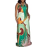 Womens Sexy Summer Dresses Halter Neck Plus Size Long Maxi Dress Casual Floral Beach Sun Dresses with Pockets