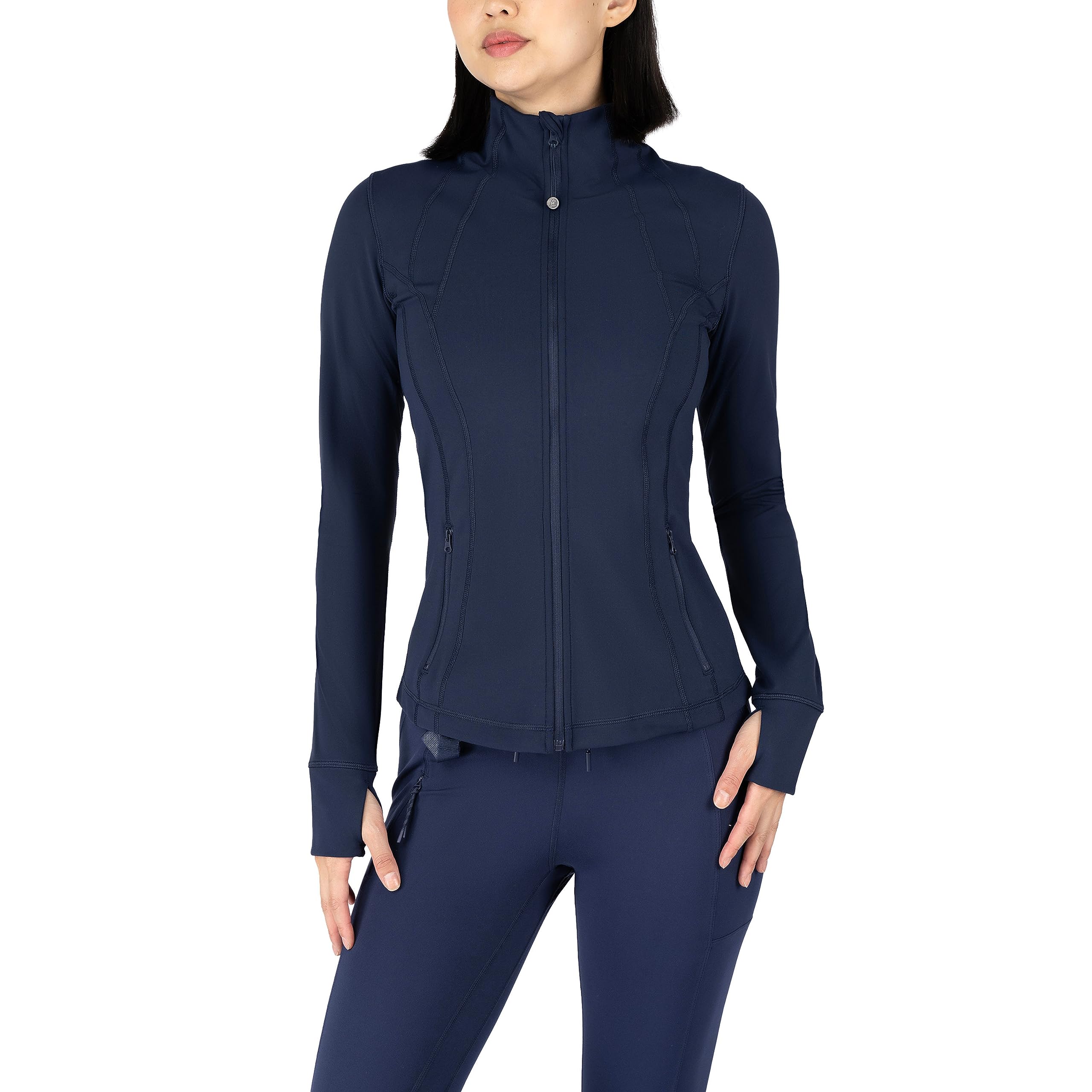 90 Degree By Reflex Full Zip Running Track Jacket Lightweight Athletic Slim Fit Jacket with Thumbholes - Dark Navy Fleece Lined - 1X Image