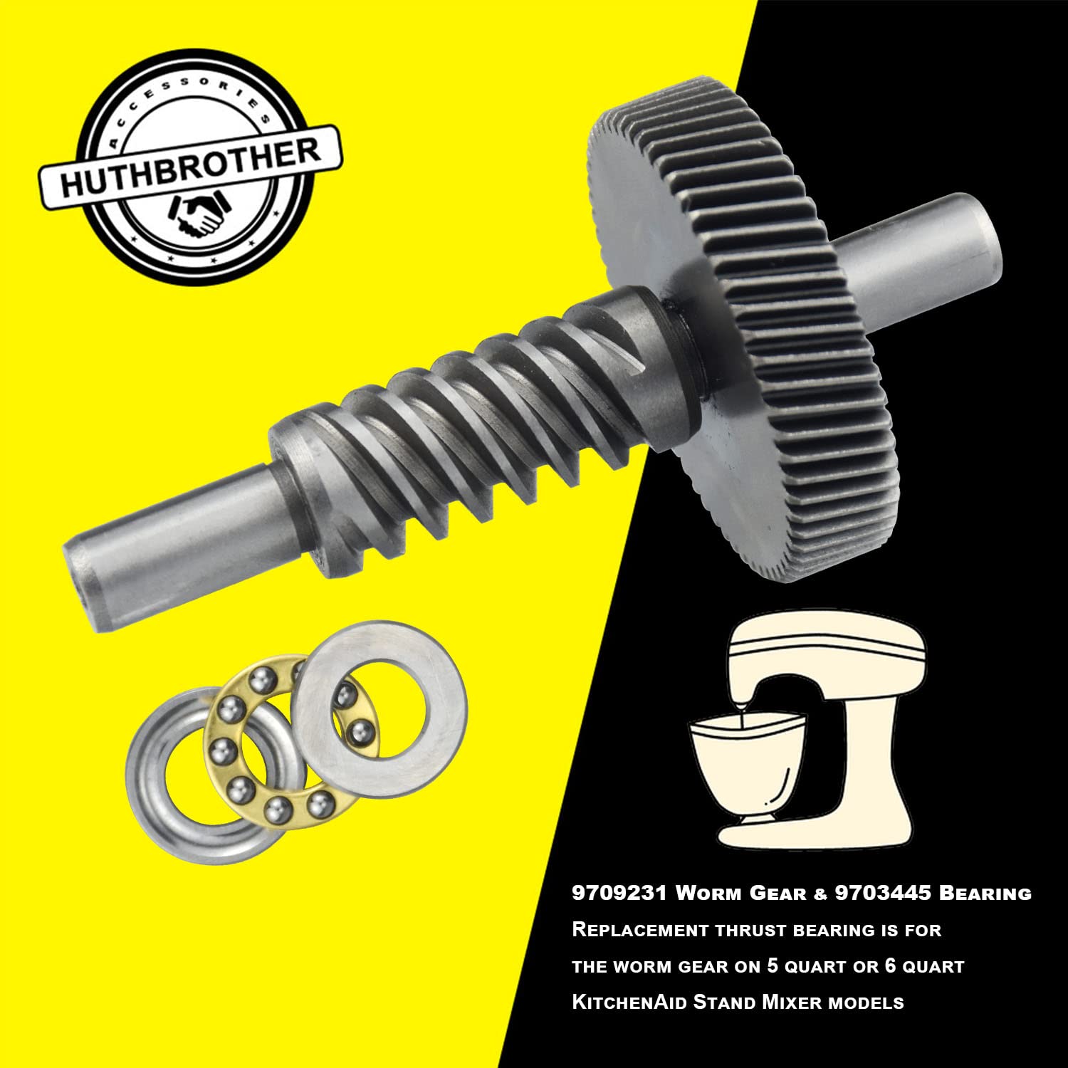 HuthBrother Worm Gear Kit Compatible With Whirlpool 5QT&6QT 9709231 Replacement Gear Parts with 9703445 Bearing & Gear 9706529 with the 9709511 Gasket and 9703680 Circlip & 1.8 OZ Food Grade Grease
