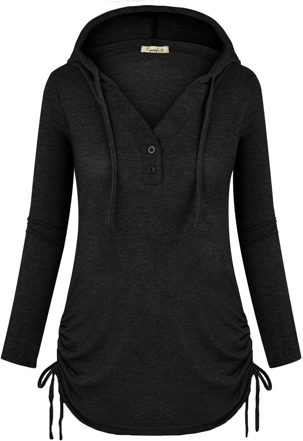 Cyanstyle Women's Long Sleeve Henley V-Neck Button Sweatshirt Tunic Hoodies Casual Pullover with Drawstring