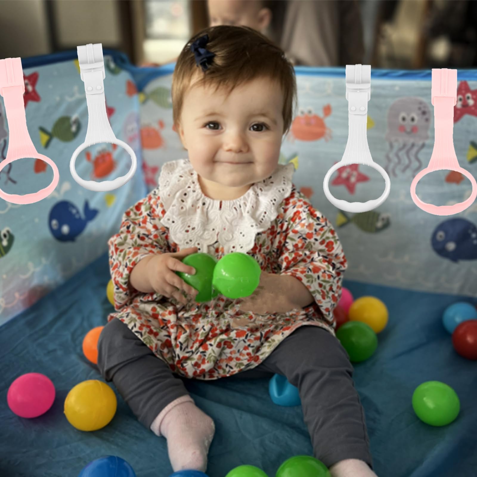 4Pcs Baby Playpen Pull up Rings, Pull up Rings for Play Pen, Playpen Accessories for Help Stand Up Walking Training Tool Newborn (Pink)