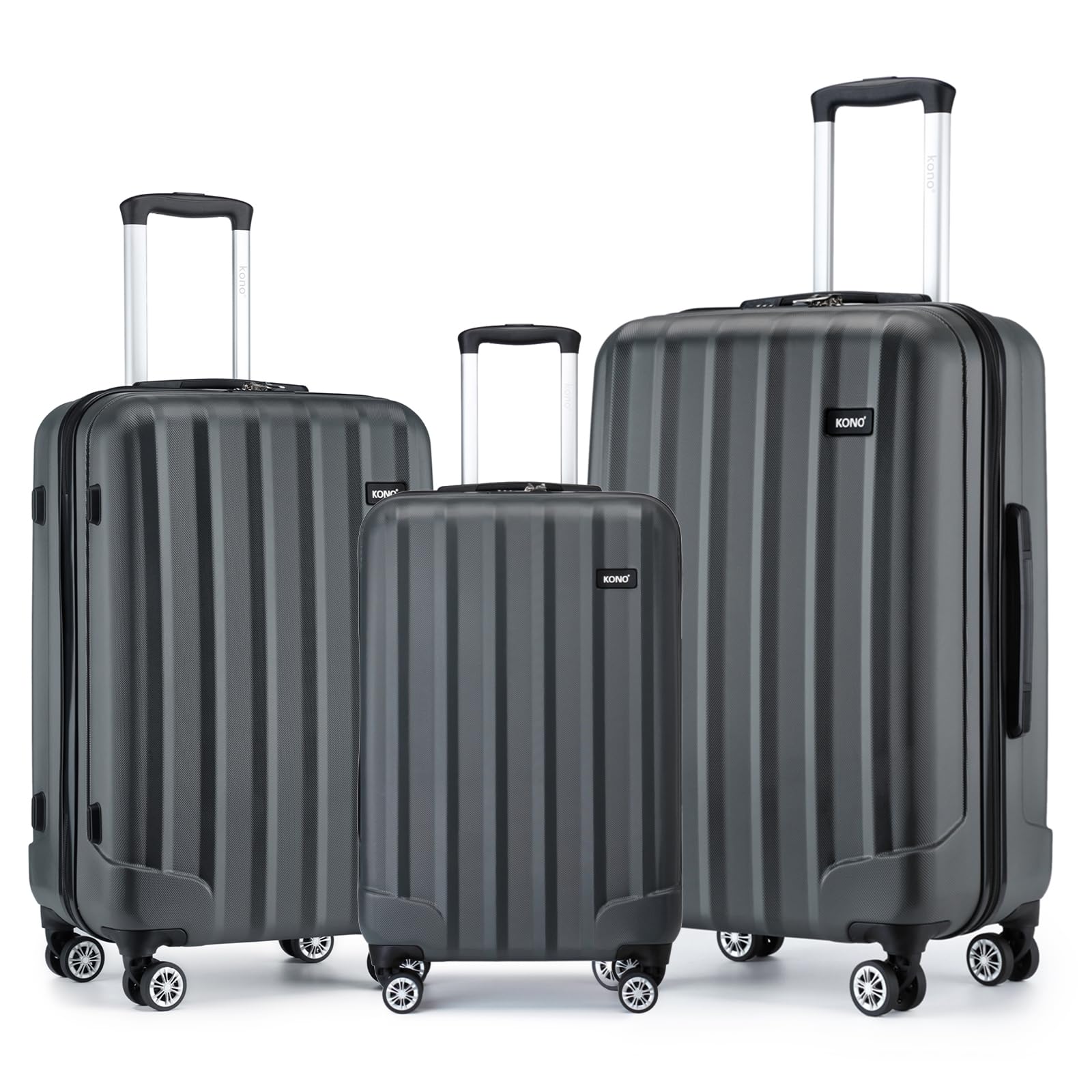 Kono 3 Pcs Luggage Set Hard Shell Suitcase Lightweight ABS+PC Suitcase with 4 Spinner Wheels Business Trip Trolley Case 19/24/28 Inch (Grey Set)