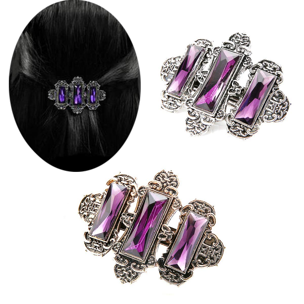 Set of 2 Vintage Crystal Hair Barrette Hair Pin French Style Spring Hair Clips Hair Jewelry for Women Lady (Purple)