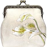 POPUCT Embroidery Retro Buckle Coin Purse Kiss Lock Wallet(white/callalily)