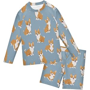 Corgi Dogs Print Boys Swimsuit Rash Guard Toddler Kids Long Sleeve Swim Shirt and Trunks Swimwear Set 3-10Y