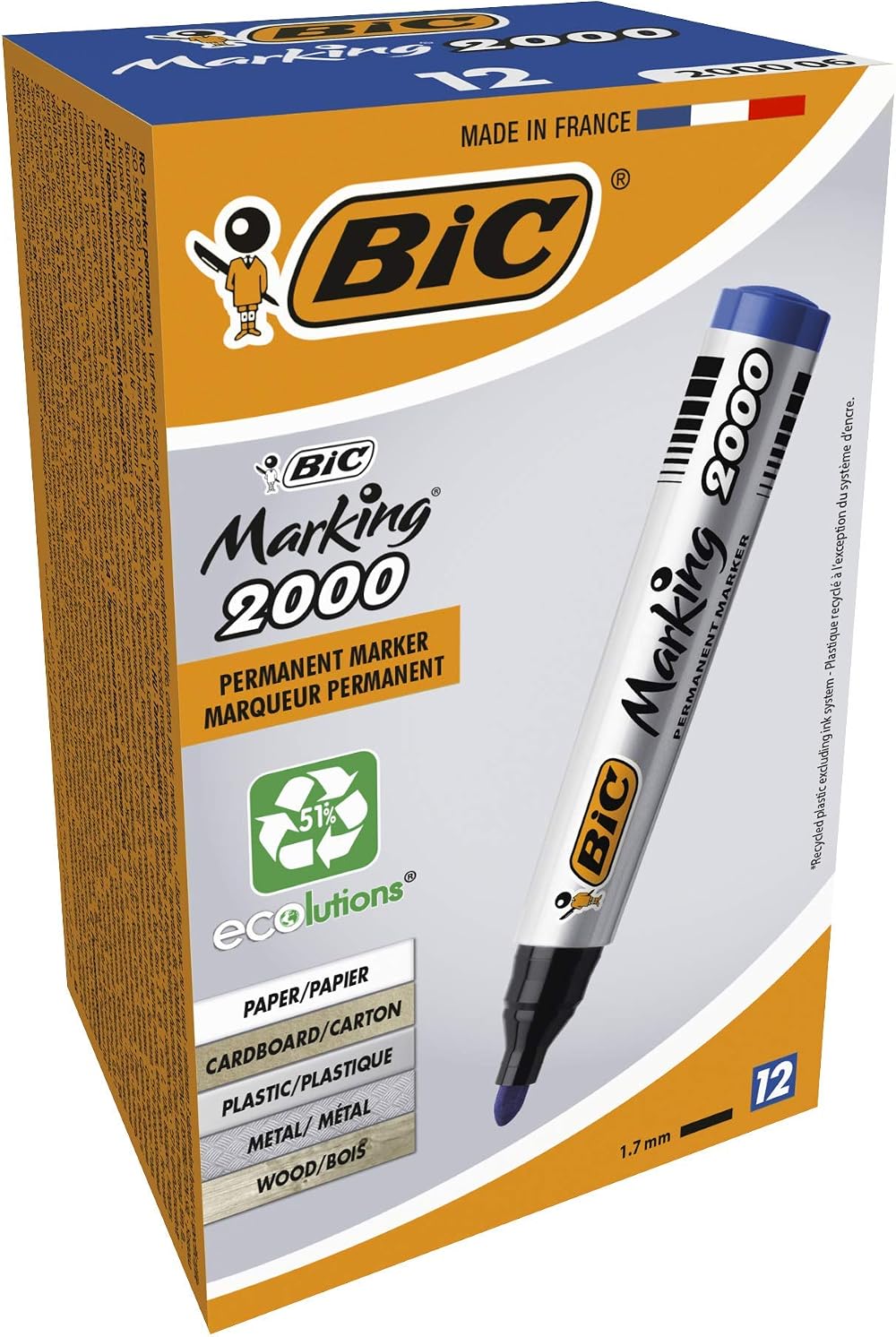 BIC Marking 2000 Permanent Marker Blue Bullet Tip 1.7mm Ref 820914 Pack 12