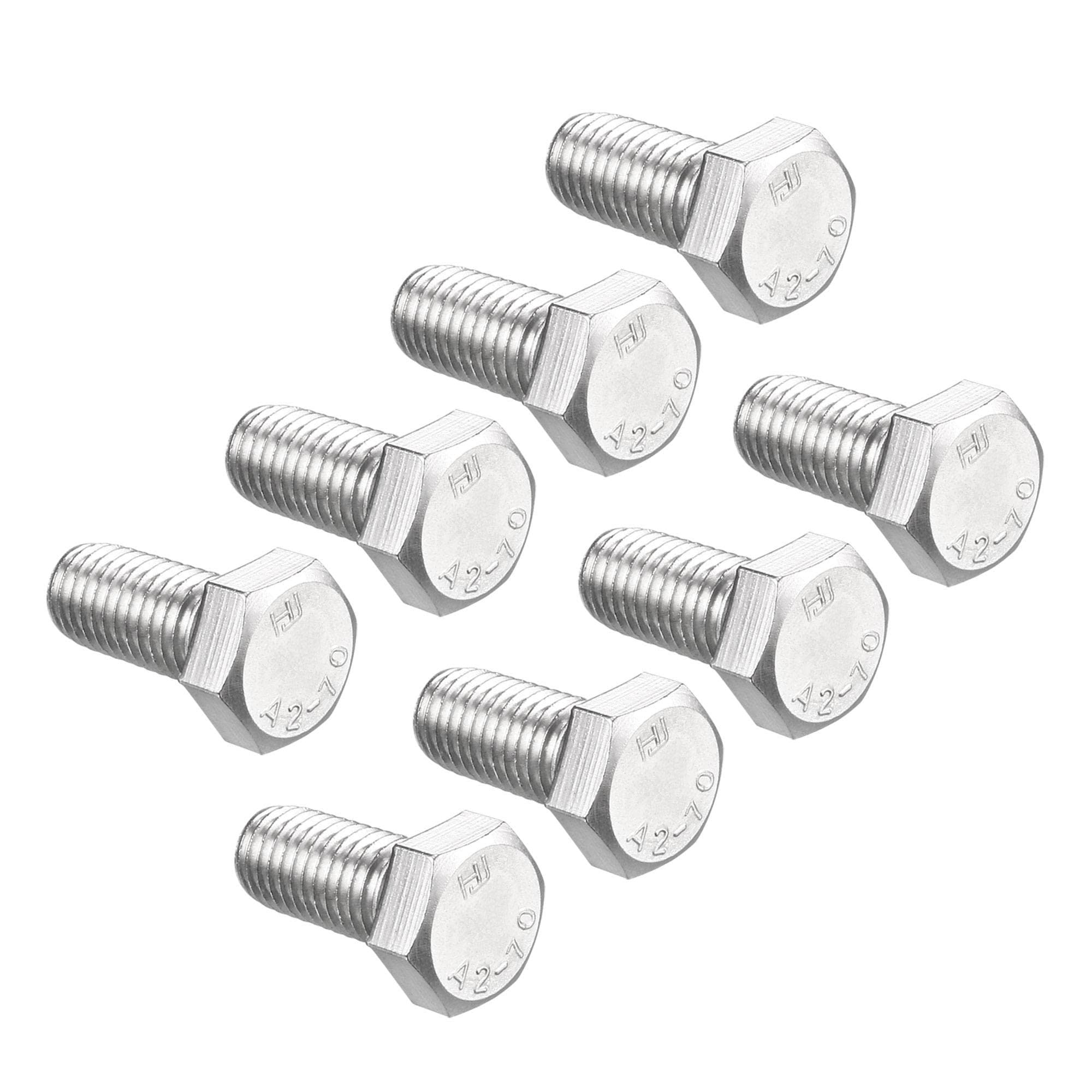 sourcing map M12 Hex Bolt M12-1.75 x 25mm 304 Stainless Steel 4.8 Grade Fully Threaded Hexagonal Head Screw Bolts 8pcs