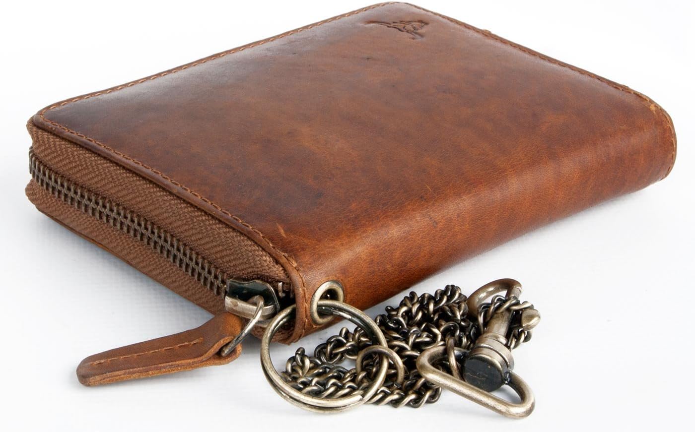 FLW Glazed genuine leather biker's leather wallet with metal chain, Tan - Image 3