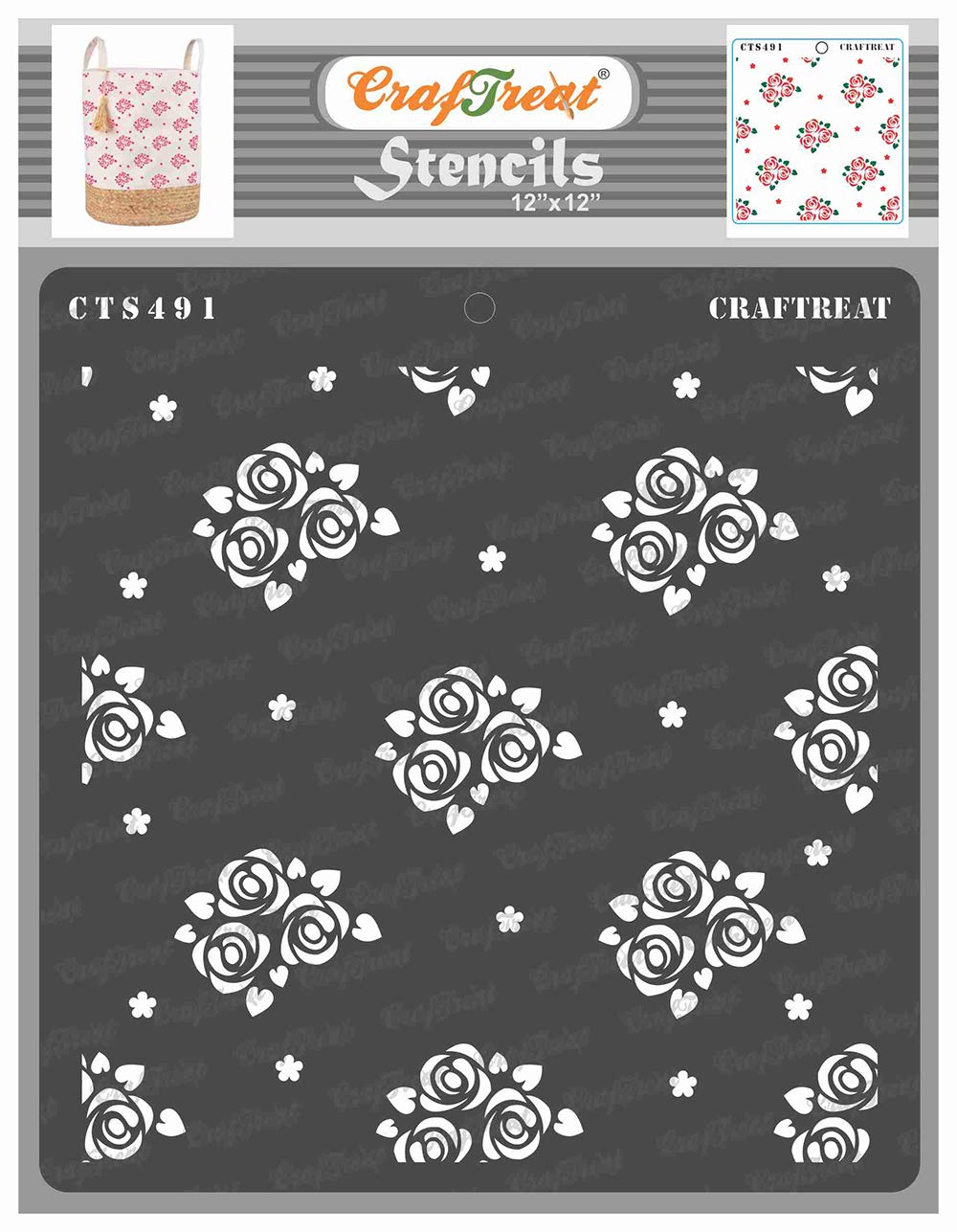 CrafTreat Reusable Rose Flower Stencil for Painting on Wood, Tile, Canvas, Paper, Fabric and Floor - Mini Rose Background Stencil - Size:12x12 Inch - Flower Stencils and Templates for Painting