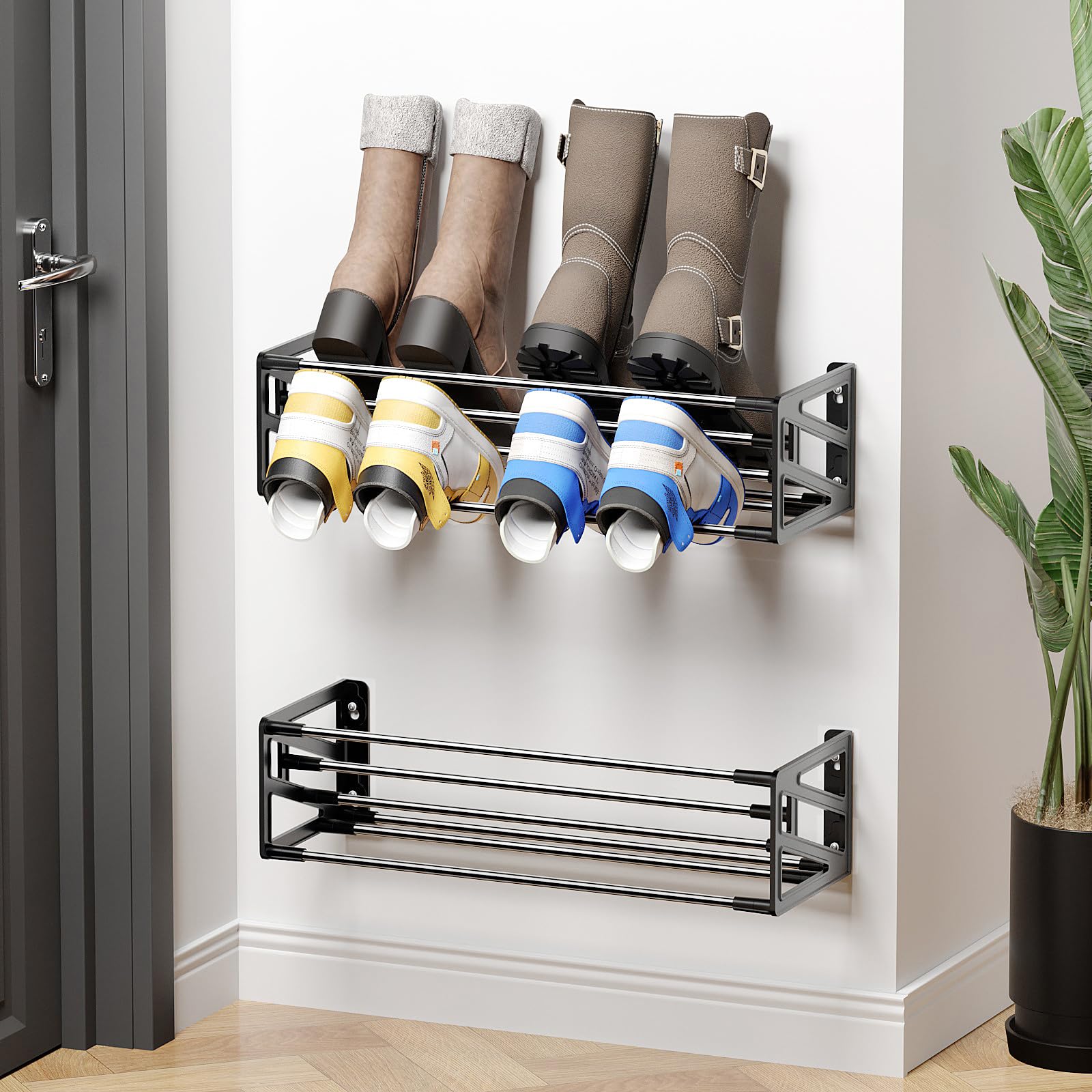 Photo 1 of DEYILIAN 2 Pack Wall Shoe Rack,Hanging Shoe Storage Holds 8 Pairs of Shoes Over The Door Wall Mounted Shoe Organizer Space Saving for RV Closet Camper Black