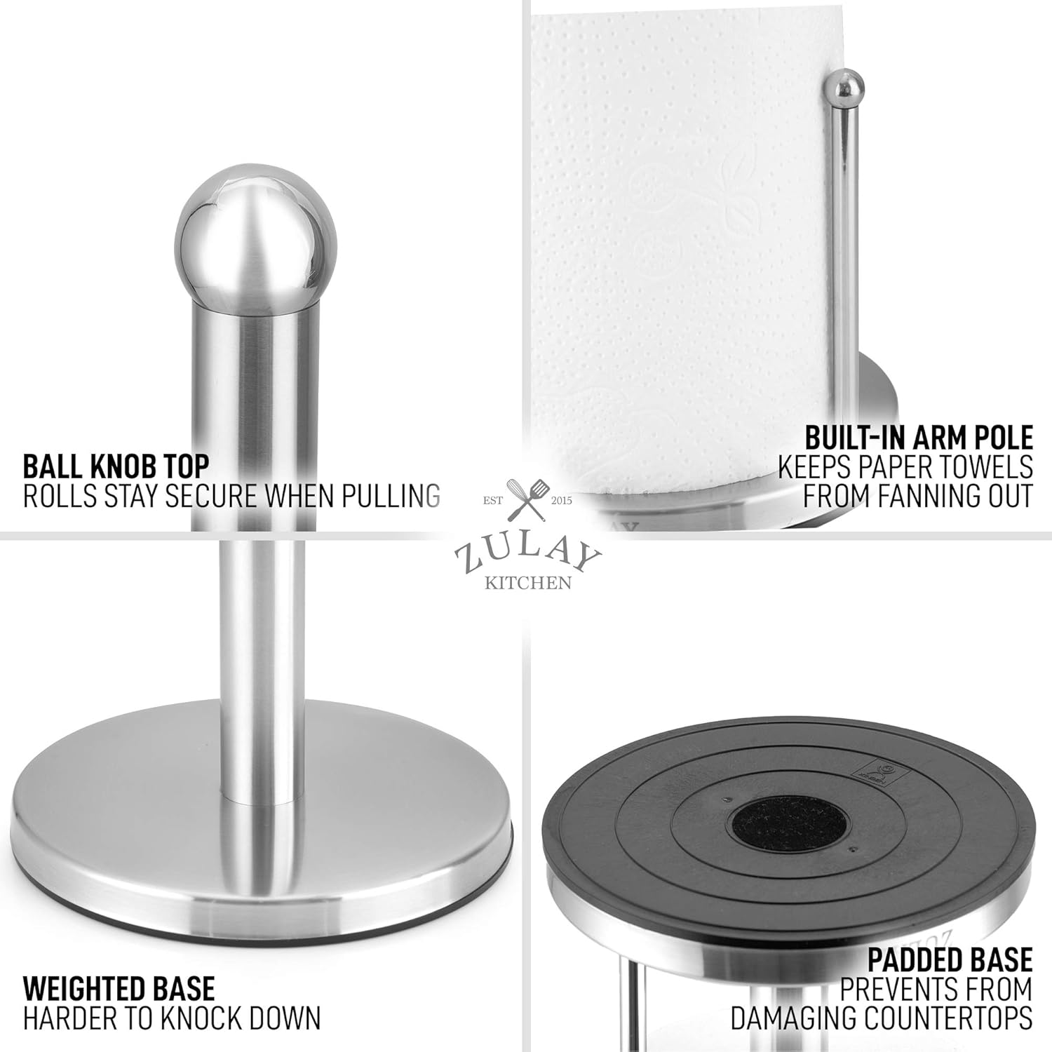 Zulay Stainless Steel Paper Towel Holder - Standing Paper Towel Holder Countertop Roll Dispenser for Standard & Large Sized Rolls - Easy One Handed Tear Paper Towel Holders for Kitchen & Dining Table -