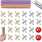ZeeDix 2 Set Jacks Game - 20 Pcs Jacks, 60Pcs Pick Up Sticks &amp; 2 Red Balls | 20 Gold and Silver Metal Jacks, 60 Pick Up Sticks &amp; 2 Red Rubber Balls, Retro Classic Fun Game Old School Toy Gift for Family
