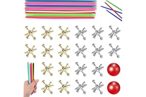 ZeeDix 60 Pcs Pick Up Sticks with 2 Sets Retro Metal Jacks Kit- Include 2 Pcs Red Rubber Balls and 20 Pcs Gold and Silver Metal Jacks, Classic Fun Game Gift of Jacks for Family
