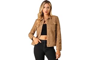 Allegra K Women's Turn-Down Collar Flap Pockets Snap Button Faux Suede Jacket