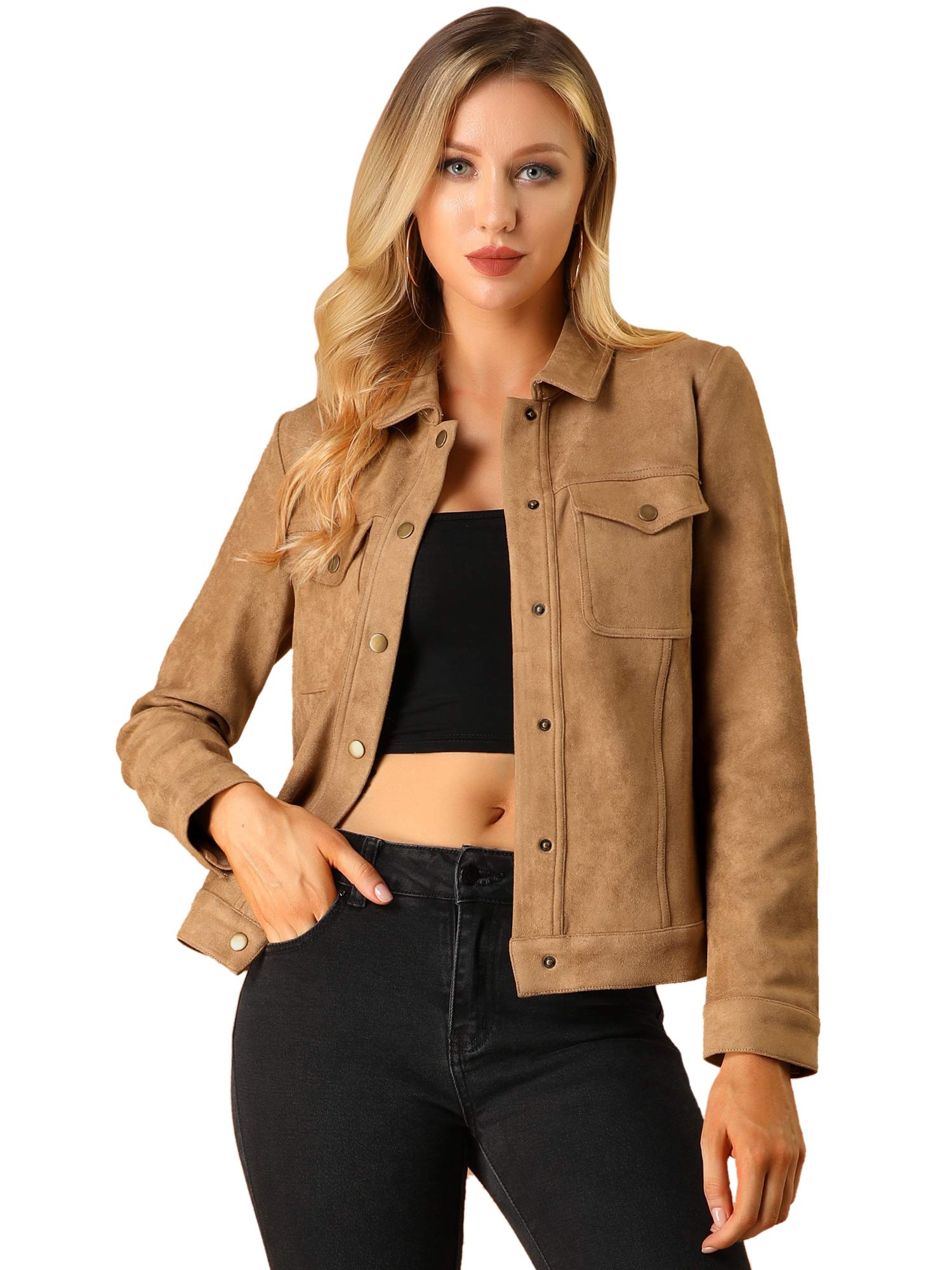 Photo 1 of *medium* Allegra K Women's Faux Suede Turn-Down Collar Shacket Flap Pockets Snap Button Western Jacket Medium Brown