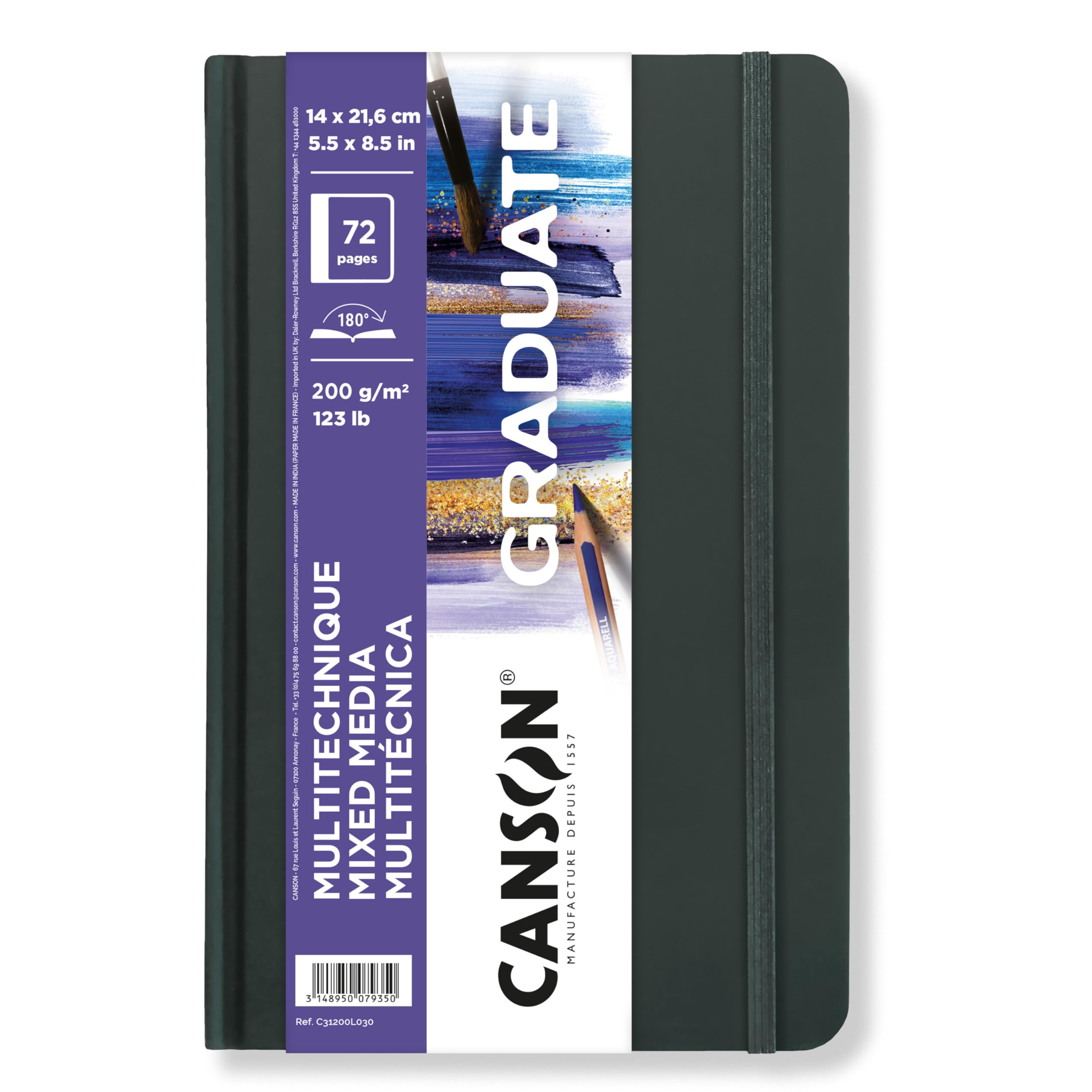 CANSON Graduate Hardbound Mixed Media Book, 200gsm 14 x 21.6cm, Light Grain Paper, 36 White Sheets, for Artist Students