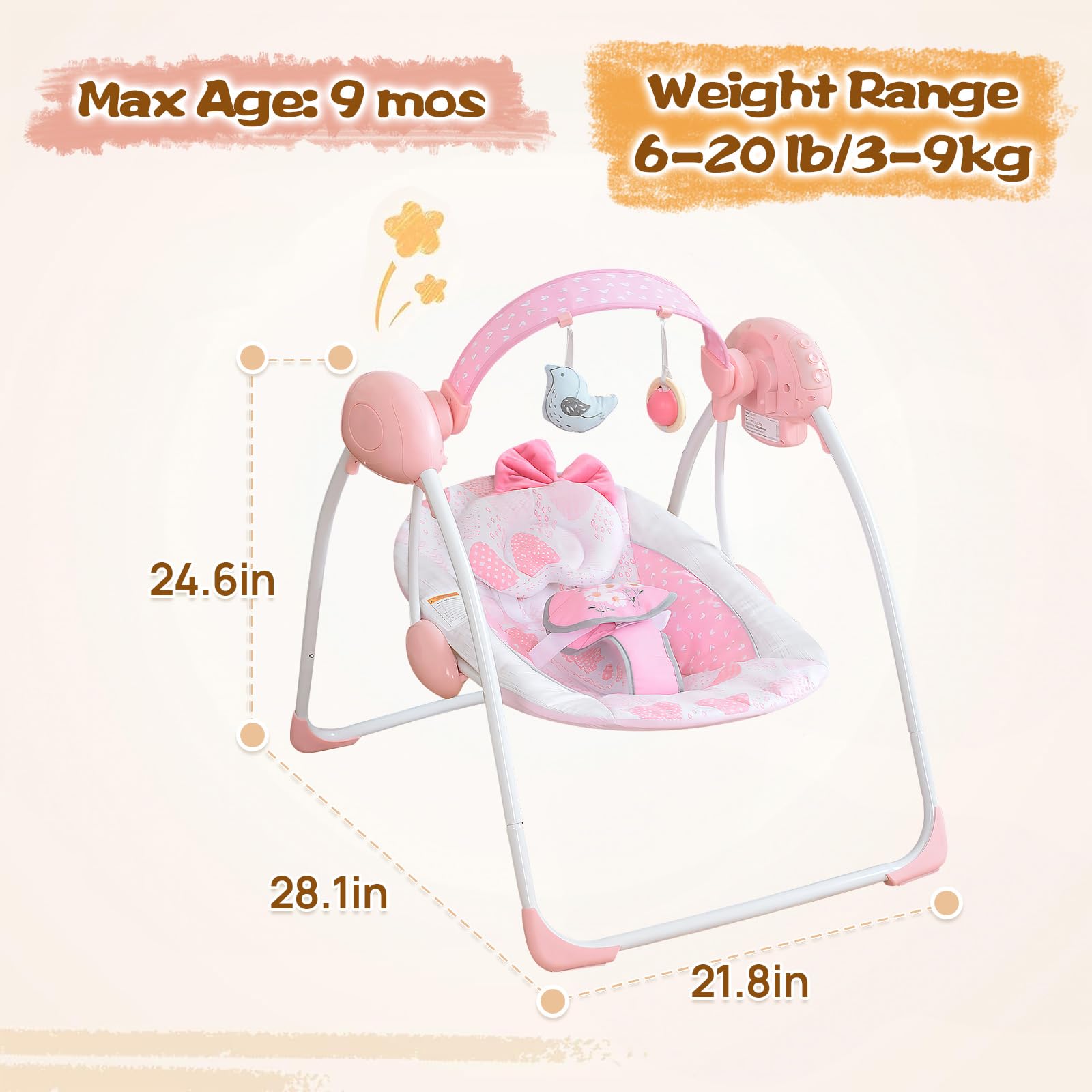 Baby Swing,Portable Baby Swing for Infants,Electric Baby Swings for Newborn, 5-Speed Infant Swing with Music,Timing,Soft Head Support,Pink Baby Girl Swing for Babies 0-6 Months 6-20 lbs