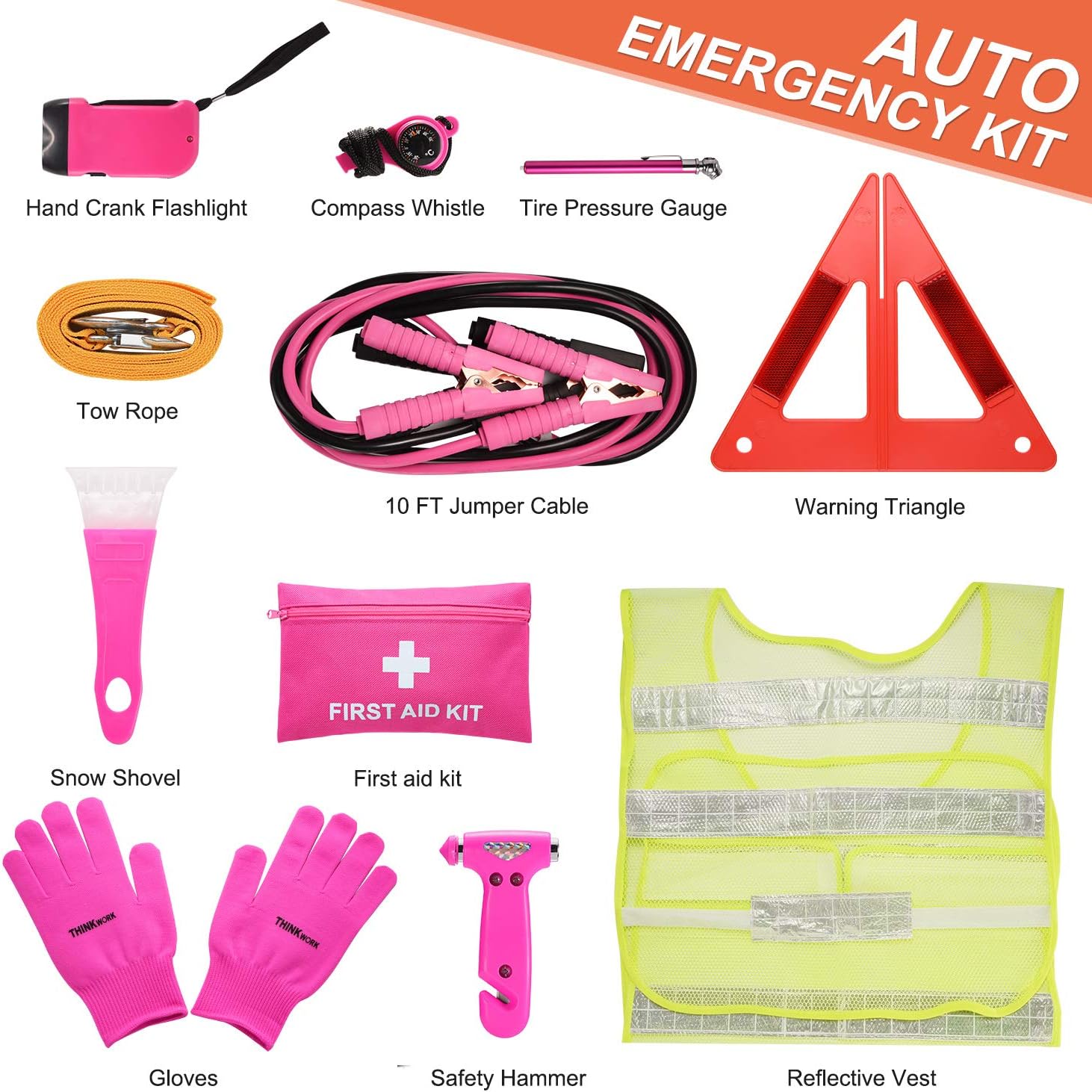THINKWORK Car Emergency Kit for Teen Girl and Lady's Gifts, Pink Emergency Roadside Assistance kit with 10FT Jumper - Image 3