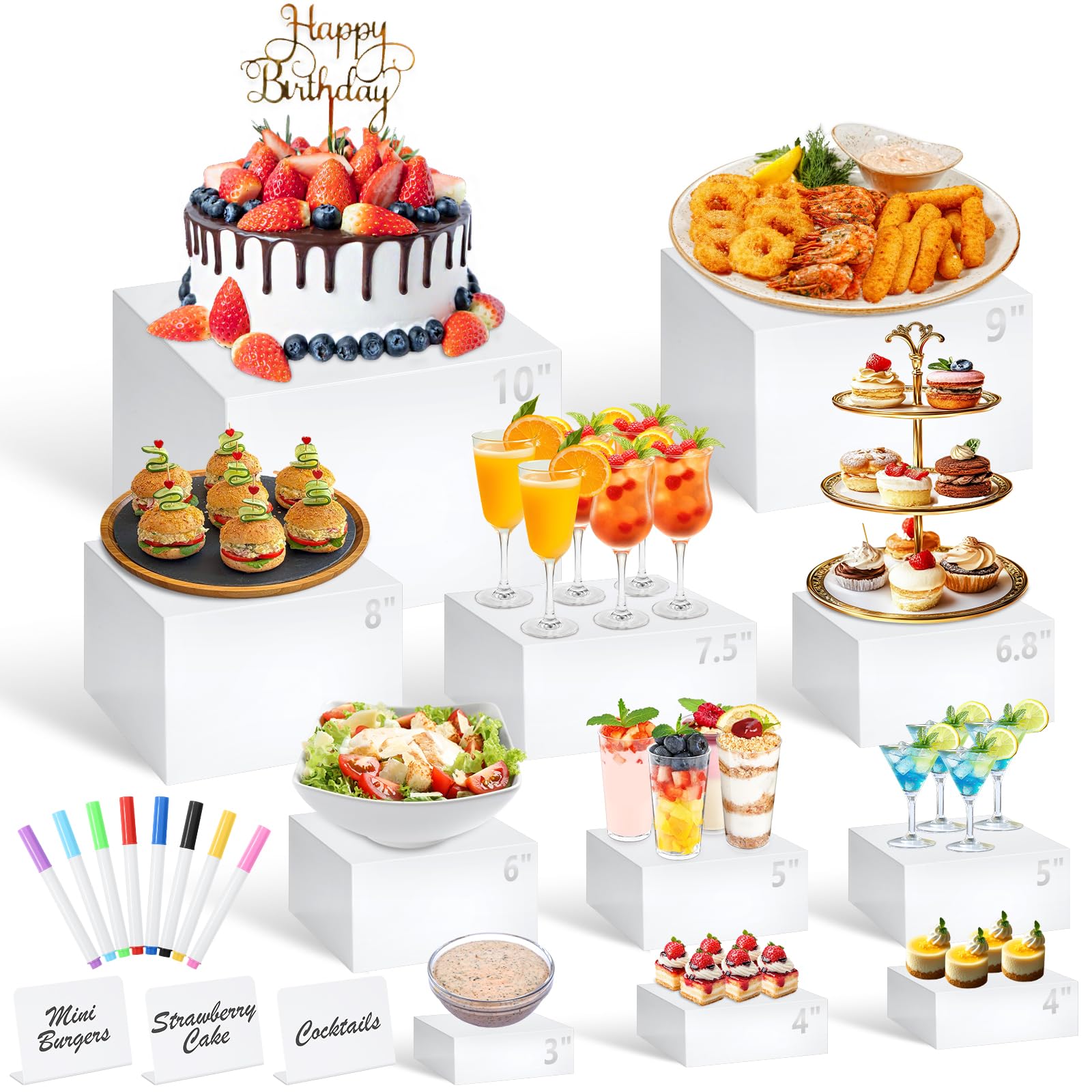 Photo 1 of 11 Pcs Buffet Risers and Stands with Mini Table Sign and Makers, Food Risers for Buffet Table Display Stand for Party Catering Dessert Jewelry Collectible (10" 9" 8" 7.5" 6.8" 6" 5" 5" 4" 4" 3")