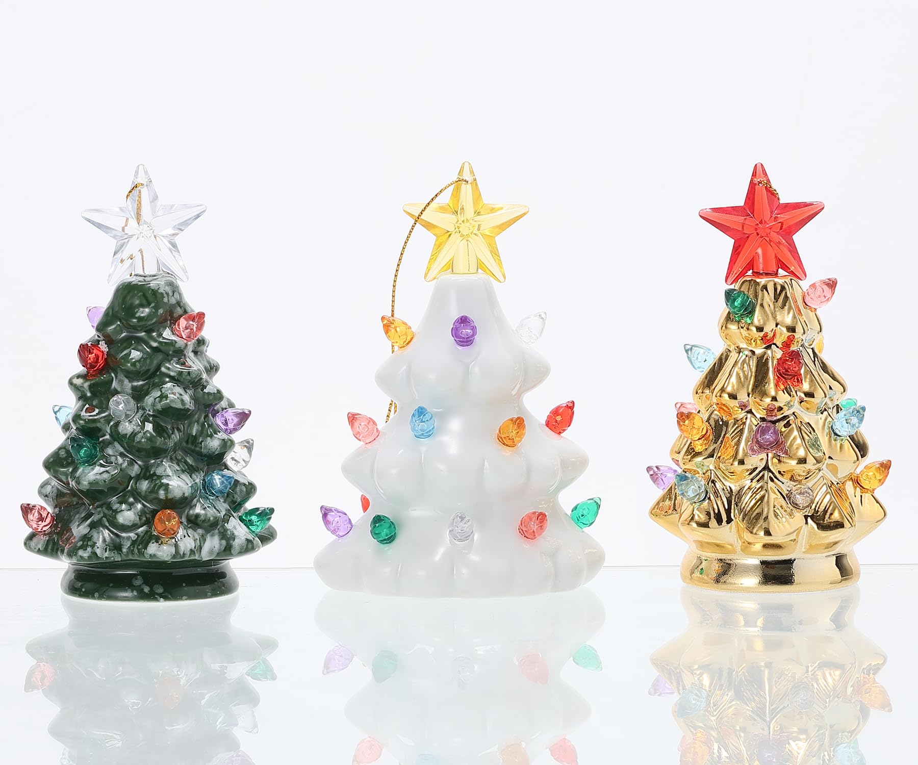 B SEPOR Set of 3 Mini 4.5" Inch Nostalgic LED Ceramic Christmas Tree with Lights Xmas Tree That Light Up Hanging Ornaments White Golden Green Assorted for Holiday Decoration and Gifts