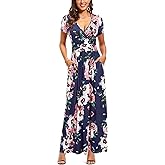 OUGES Womens' V-Neck Pattern Pocket Maxi Long Dress