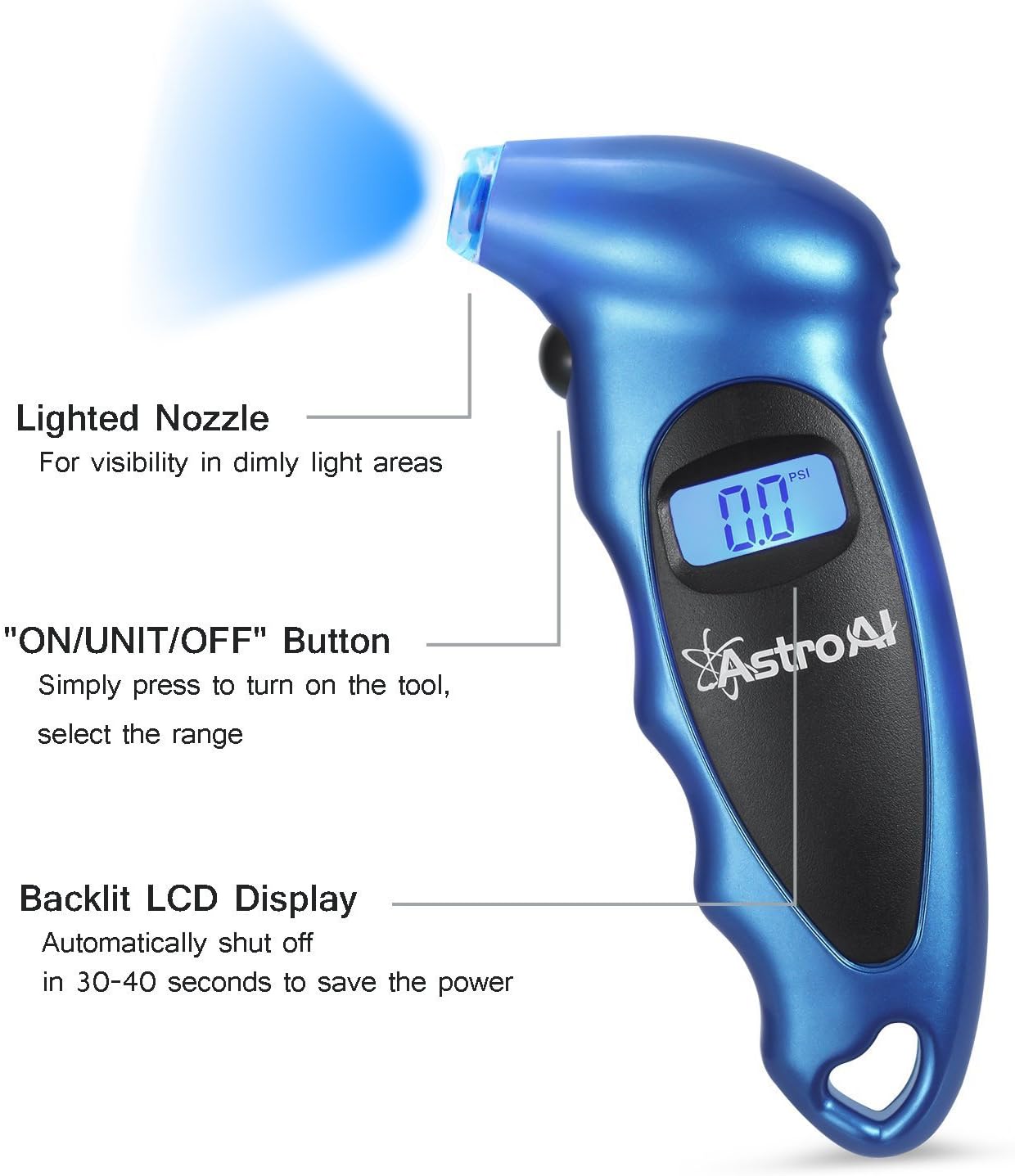 AstroAI Digital Tire Pressure Gauge 150 PSI 4 Settings for Car Truck Bicycle with Backlit LCD and Non-Slip Grip, Blue: Industrial & Scientific