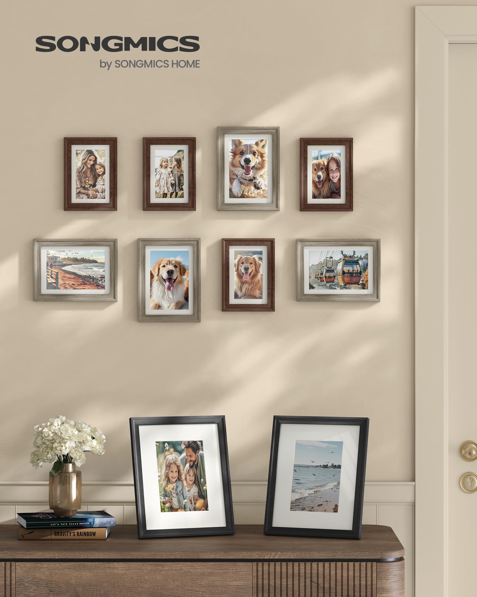 SONGMICS Picture Frames with 16 Mats, Set of 10 Collage Photo Frames, Two 8x10, Four 5x7, Four 4x6 Frames, Hanging or Table Display, Glass, 12 Non-Trace Nails, Maroon Brown, Heather Greige, Ash Black