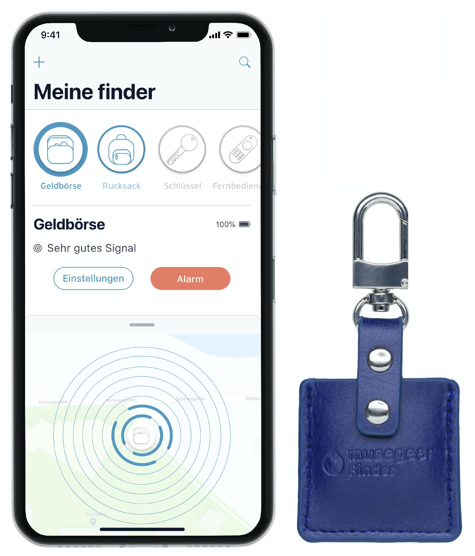 musegear app key finder in leather sleeve - navy blue, NEW VERSION 2-3x louder - find keys, smartphone - Smartphone Bluetooth GPS coupling