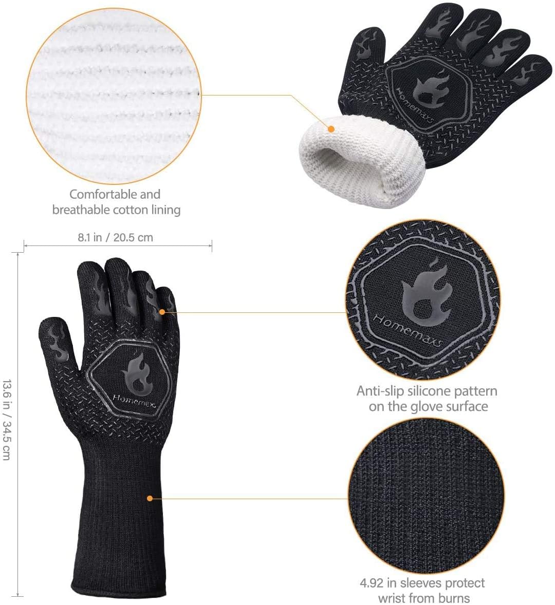 Homemaxs BBQ Gloves 1472℉ Extreme Heat Resistant Grill Gloves, Food Grade Kitchen Oven Mitts, Silicone Non-Slip Cooking Gloves : Garden & Outdoor