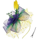ZCMG Mardi Gras Fascinators Hat Yellow Purple Green Headband Hair Clips Women Feather Headpiece Headwear Barrettes Halloween Carnival Cocktail Wedding Church Dress Up Birthday Tea Party Accessories