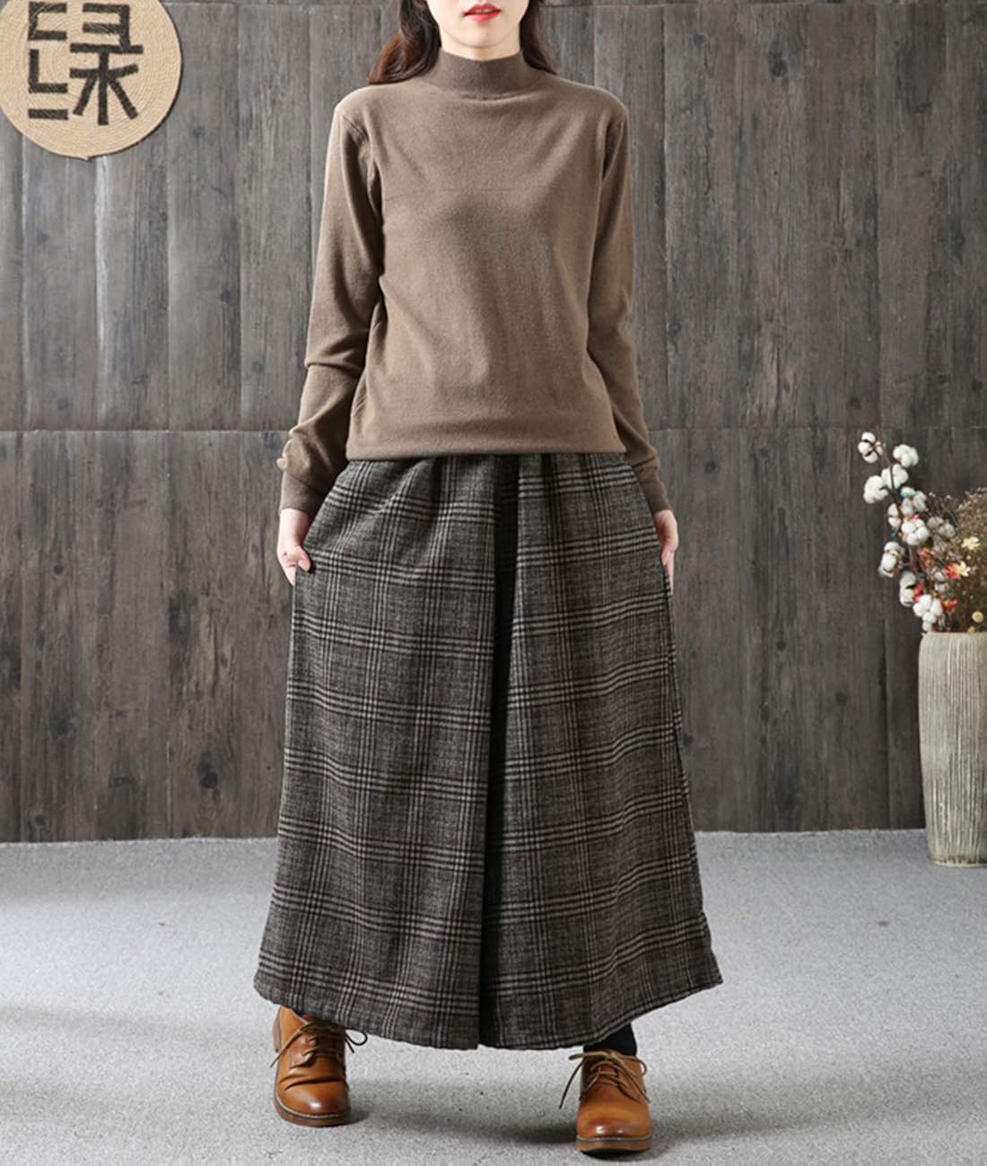 YESNO PK5 Casual Loose Wide Leg Wool Blend Checked Pants Elastic Waist Relaxed Trousers PK5 /Pockets: Clothing