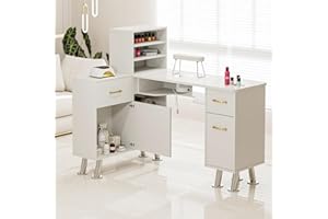 Belandi Manicure Table with Shelves, L-Shaped Nail Table Station w/Electric Downdraft Vent, Foldable Nail Arm Rest, Storage Cabinets, Drawers, Metal Handles & Legs for Nail Tech(White)