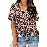TIYOMI Women's Plus Size Tops Short Sleeve Shirts 3X V Neck Green Floral Pullover Green Flower Blouses Loose Fit Summer Ruffle Tunics 3XL 22W 24W