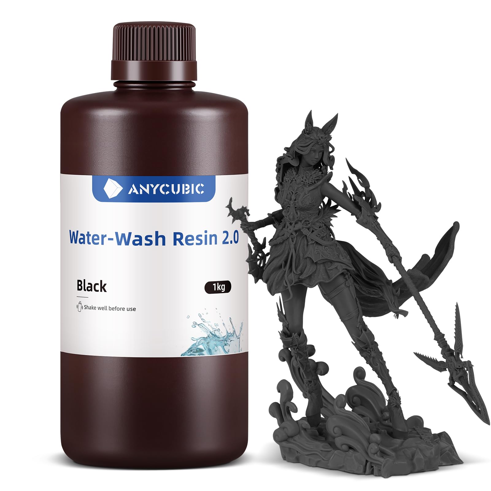 ANYCUBIC Water Washable 3D Printer Resin 2.0 with Easy Post-Processing, High Precision and High Resilience, Low Odor and Anti-Yellowing 3D Resin for LCD/DLP Printers(Black, 1000g)