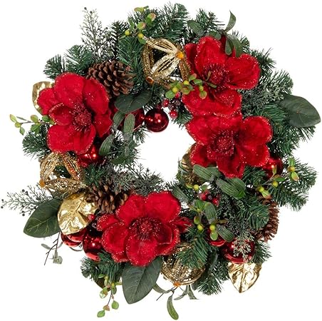 Decorazioni Natalizie Con Foglie Di Magnolia.Village Lighting Company Ghirlanda Natalizia Artificiale Da 61 Cm Collezione Magnolia Rossa Decorazione Rossa E Dorata Con Pigne Fiori E Foglie Di Magnolia E Ornamenti Dorati Amazon It Casa E Cucina