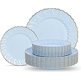 Lullaby 60PCS Light Blue Scalloped Plastic Plates with Gold Rim, Includes 30PCS Dinner Plate 10'' and 30PCS Dessert Plate 7.5'', Baby Blue Plastic Plates for Party, Wedding and Daily Use