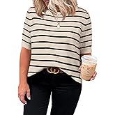 Eytino Women Plus Size Sweater Tops Short Sleeve Crewneck Striped Tshirts Casual Summer Blouses Shirts(1X-5X)