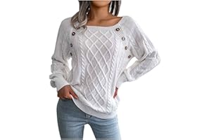 GENERIC Casual Cable Knit Sweater for Women Fall Crewneck Long Sleeve Pullover Knitwear Button Decor Lightweight Jumper Top