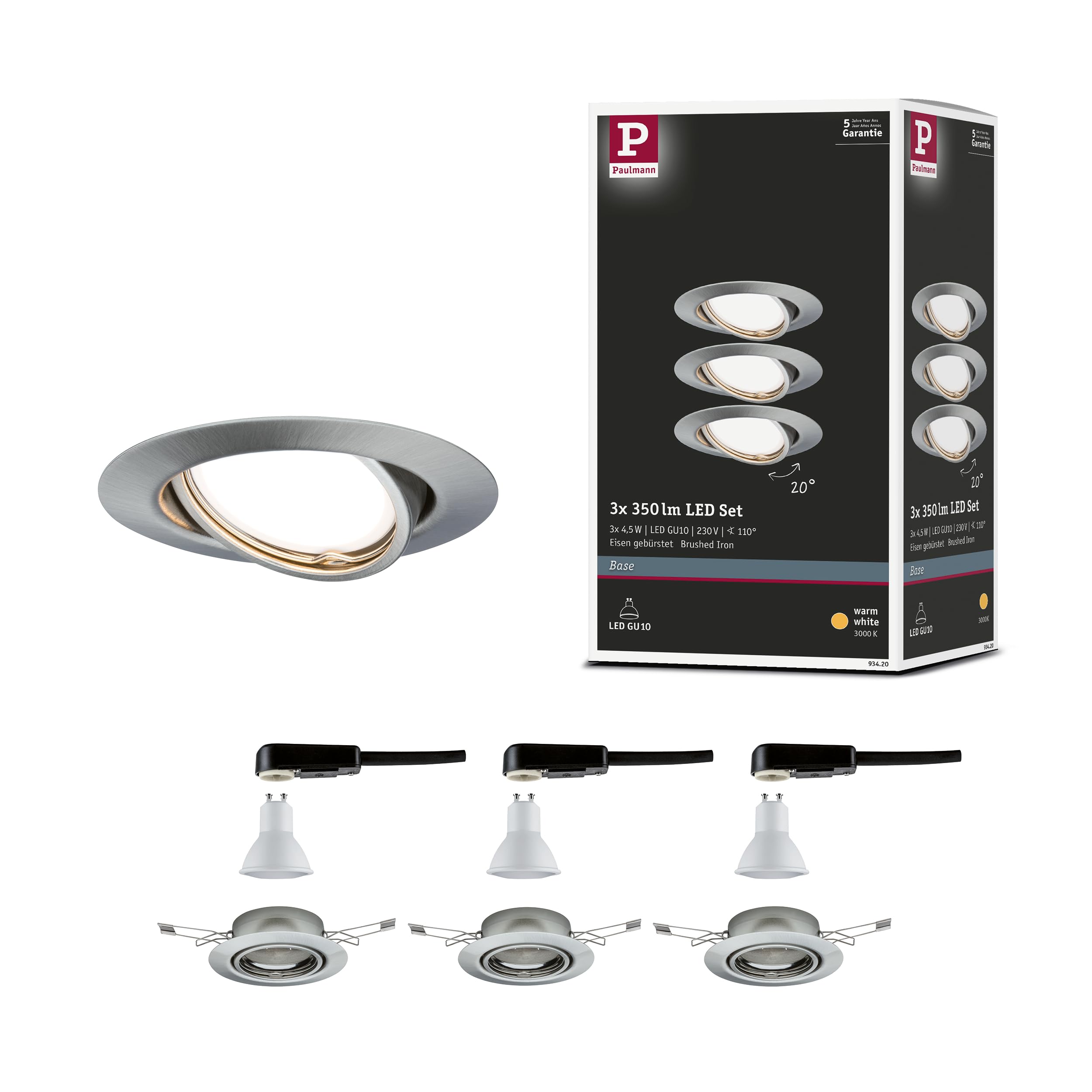 Paulmann Base LED Recessed Luminaire Round, 3x5W GU10, 3000K, Brushed Iron, 9cm (Diameter), Warm White, Study, Dining Room, Hallway, Basement
